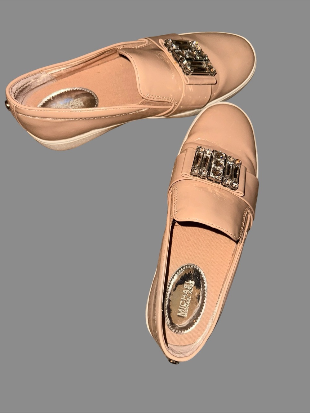Michael Kors Taupe Patent Slip On Sneakers Crystal Embellished Shoes Size 6 - Picture 3 of 12